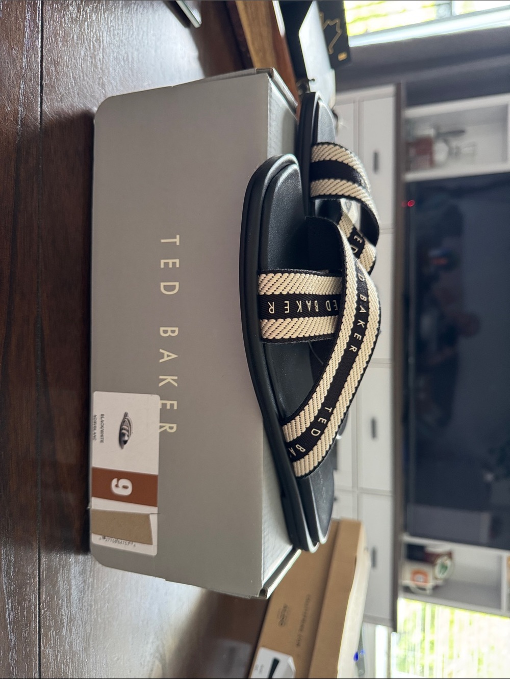 Ted Baker Black and Beige Striped Slide Sandals